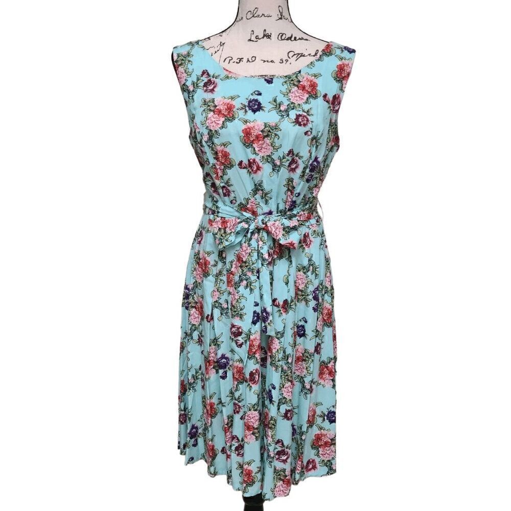 🌹🌸 BERDTONI Blue Floral Print Sleeveless Dress with Belt SIZE US 18